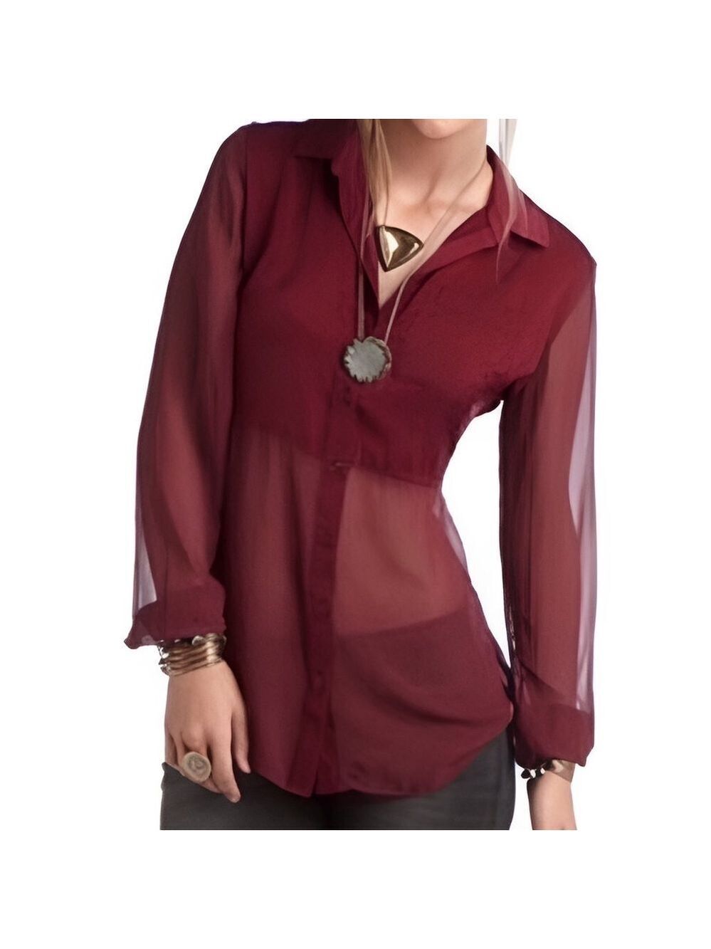 Free People Half Sheer Button Down Long Sleeve